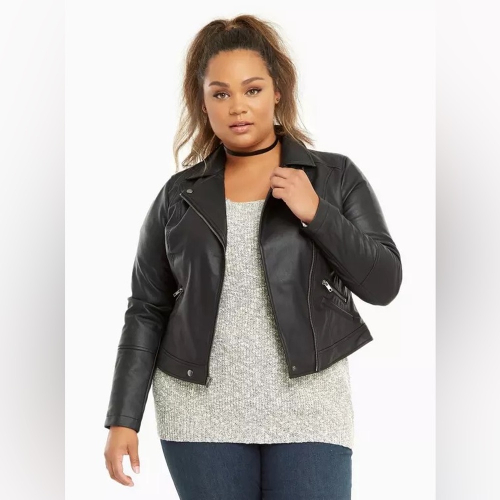 Torrid Vegan Leather Moto Jacket in Black 0X with plaid tartan lining